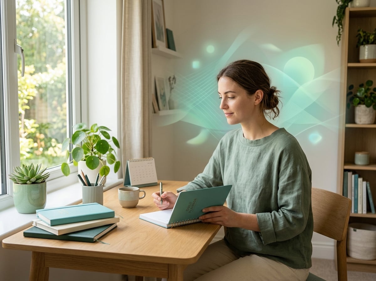 Calm organized workspace with teal accents representing focus and clarity